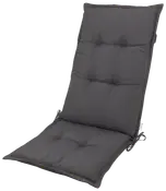 Mörkgrå, tjockt stoppad stolsdyna med knappar, designad för hög rygg. Mjukt tyg, rektangulär form, ger extra komfort och stöd för inne- eller utemiljö.