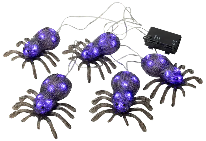 Ljusslinga med dekorativa spindlar, lila LED-lampor och svart batteridosa. Varje spindel har flera lysande punkter, perfekt för Halloween eller temafester, endast för inomhusbruk.