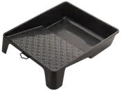 Sort plastik malerbakke med rillet rullefelt og dyb brønd til maling. Rektangulær form, forhøjede kanter og stabile ben for sikker brug.