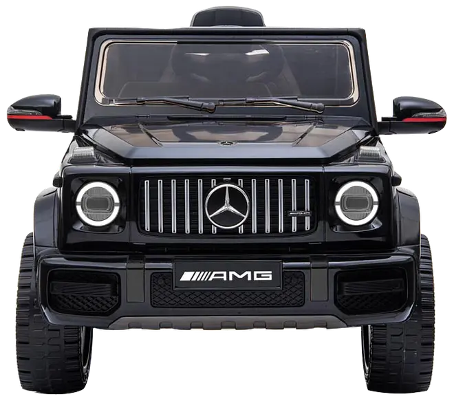 Sort Mercedes-Benz AMG G-Klasse elbil til børn, detaljeret frontgitter, LED-forlygter, sidespejle, realistisk forrude og robuste dæk. Luksusdesign, batteridrevet, egnet til børn.