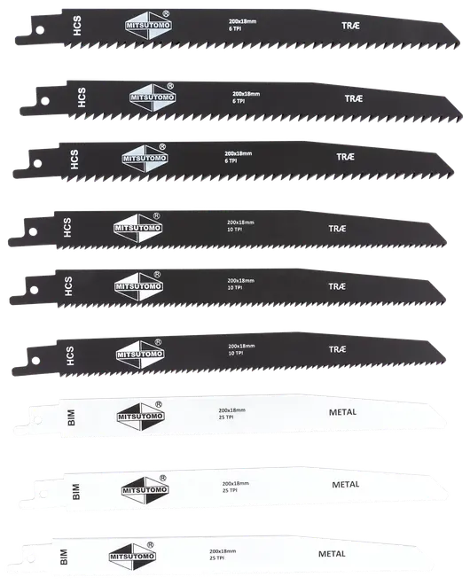 Set med 10 tigersågblad, 200x18mm, för trä och metall. Inkluderar 6TPI och 10TPI för trä, 25TPI för metall. Färgkodade blad i svart och vitt.