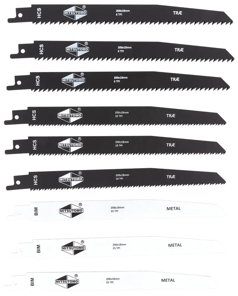 Sæt med 10 bajonetsavklinger, 200x18mm, til træ og metal. Indeholder 6TPI og 10TPI til træ, 25TPI til metal. Farvekodede klinger i sort og hvid.