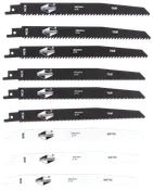 Set med 10 tigersågblad, 200x18mm, för trä och metall. Inkluderar 6TPI och 10TPI för trä, 25TPI för metall. Färgkodade blad i svart och vitt.