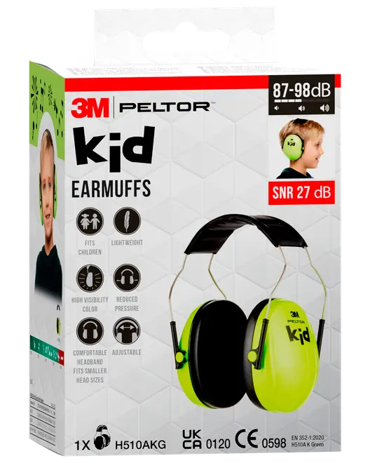3M Peltor Kid høreværn til børn, neongrøn farve, letvægts, justerbar hovedbøjle, passer til små hoveder, høj synlighed, dæmper støj med 27 dB, komfortabelt design.