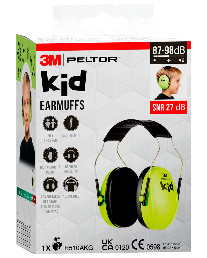 3M Peltor Kid høreværn til børn, neongrøn farve, letvægts, justerbar hovedbøjle, passer til små hoveder, høj synlighed, dæmper støj med 27 dB, komfortabelt design.