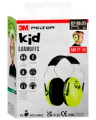 3M Peltor Kid høreværn til børn, neongrøn farve, letvægts, justerbar hovedbøjle, passer til små hoveder, høj synlighed, dæmper støj med 27 dB, komfortabelt design.