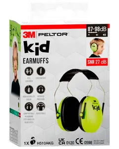 3M Peltor Kid høreværn til børn, neongrøn farve, letvægts, justerbar hovedbøjle, passer til små hoveder, høj synlighed, dæmper støj med 27 dB, komfortabelt design.