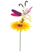 Dekorativ trädgårdspinne med en fantasifull bi med färgglada vingar på en gul solros, tillverkad av målat metall, passar utomhus i trädgården.