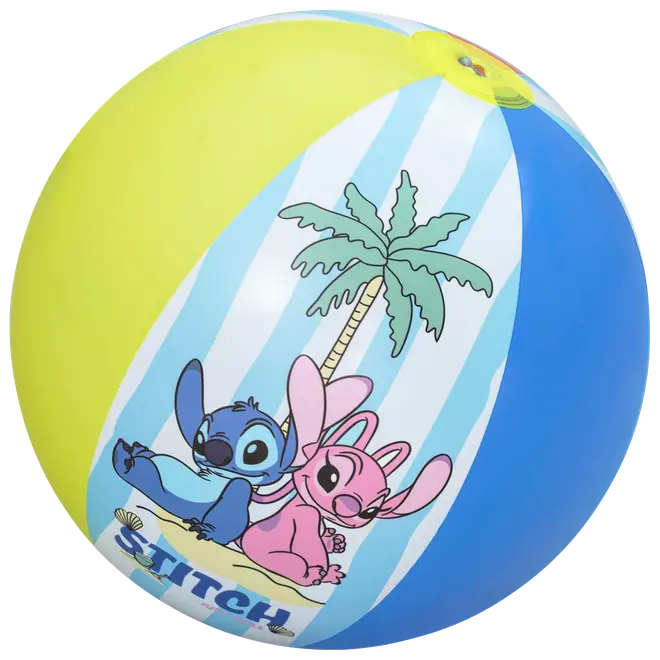 Oppustelig strandbold med blå, gule og hvide felter, motiv af Stitch og Angel, palmetræ og teksten "Stitch". Fremstillet af plastik, ideel til pool eller strand.