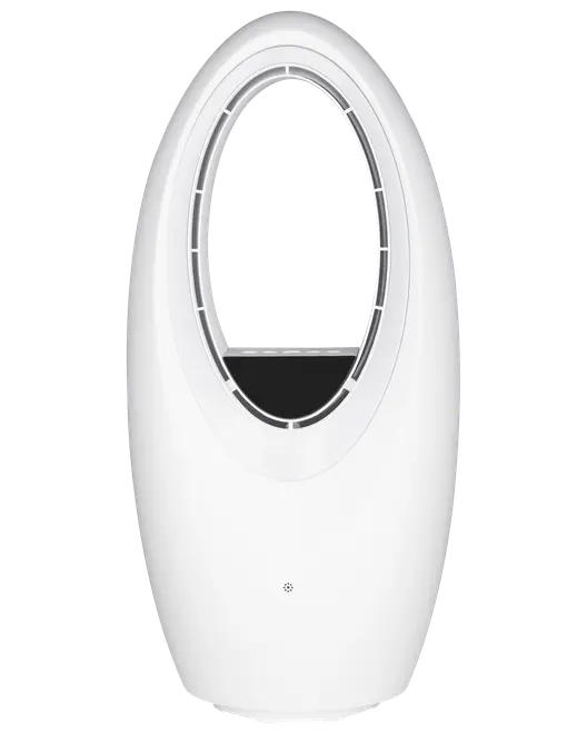 Oval bladlös fläkt i blank vit finish, modern design med öppen mitt för luftflöde. Kompakt, säker och lätt att rengöra, passar hem eller kontor.