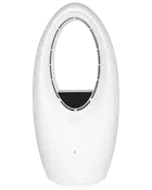 Oval bladlös fläkt i blank vit finish, modern design med öppen mitt för luftflöde. Kompakt, säker och lätt att rengöra, passar hem eller kontor.