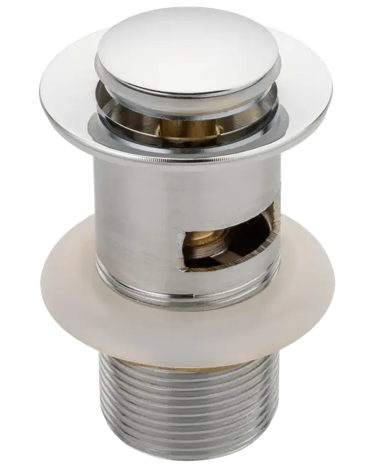 Kromad mässing pop-up tvättställsavlopp med överflöde, rund topp, gängad kropp och gummitätning. Passar handfat, enkel installation och tryckknappsfunktion.