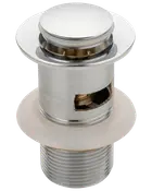 Kromad mässing pop-up tvättställsavlopp med överflöde, rund topp, gängad kropp och gummitätning. Passar handfat, enkel installation och tryckknappsfunktion.