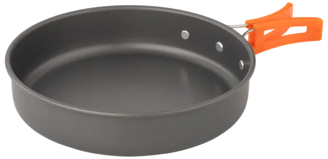 Rund non-stick stekpanna med djup kant, tre nitar på sidan och orange värmetåligt handtag. Lätt, hållbar och enkel att rengöra.