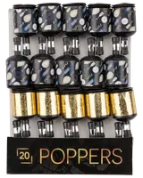 Förpackning med 20 partybomber med festliga mönster, inklusive guldfolie och tryckta motiv, varje med dragsnöre för enkel användning vid firanden och evenemang.