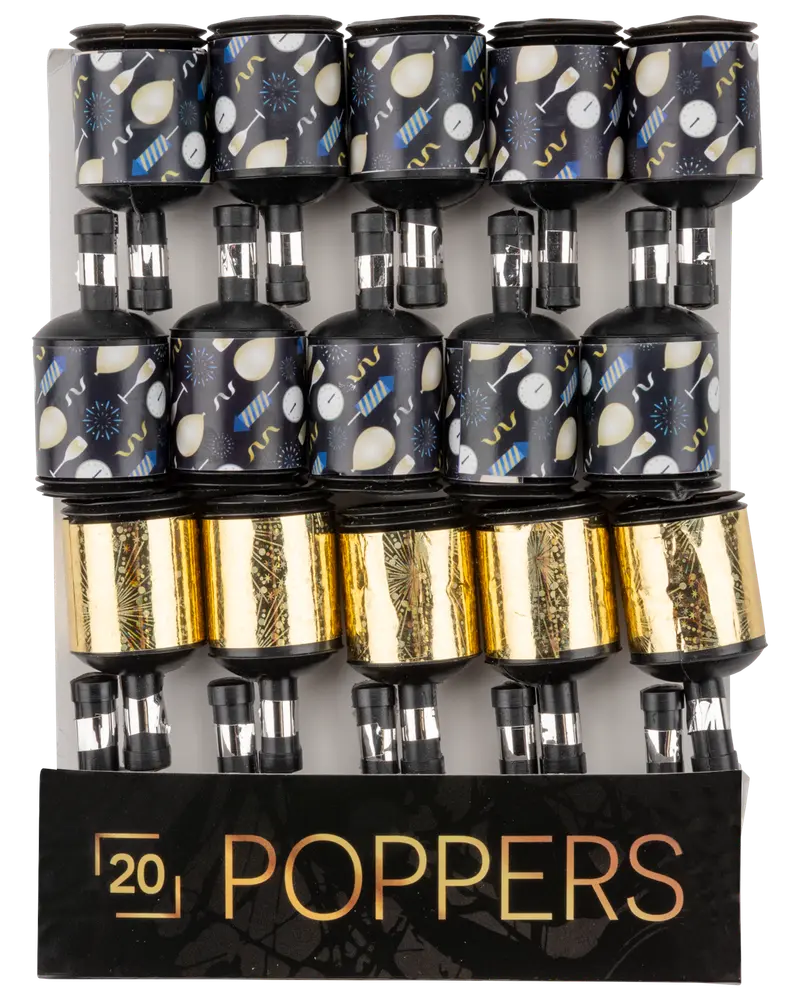 Förpackning med 20 partybomber med festliga mönster, inklusive guldfolie och tryckta motiv, varje med dragsnöre för enkel användning vid firanden och evenemang.