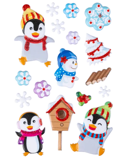 Set med vinterklistermärken: pingviner med mössor och halsdukar, snögubbe, snöflingor, fågelholk, järnek och dekorerad gran. Klara färger med glitterdetaljer.