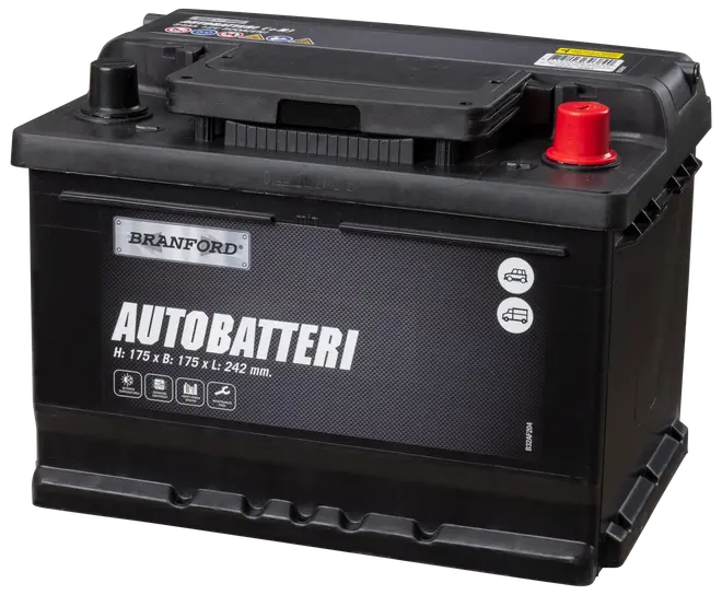 Branford autobatteri, sort, med markerede poler, mål 175x175x242 mm, egnet til biler. Robust plastkabinet og tydelig mærkning for nem installation.