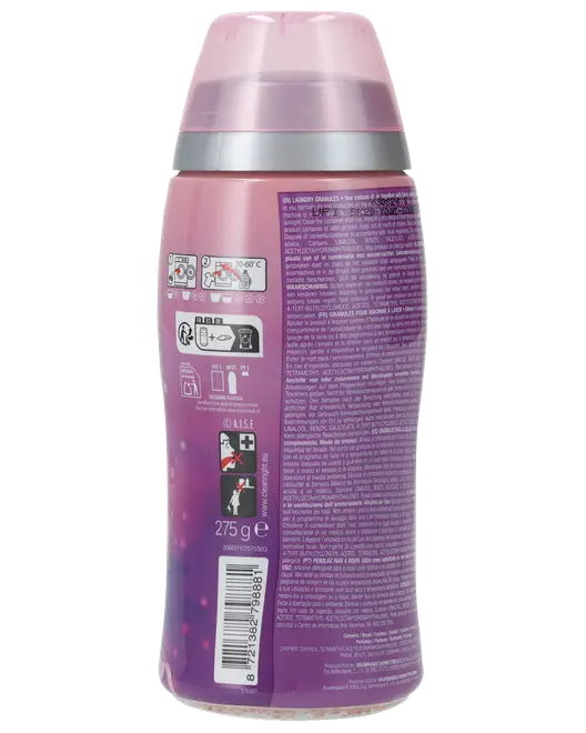 Høj pink og lilla plastflaske til vaskekorn med gennemsigtigt låg, sølvbånd, trykte instruktioner, stregkode og 275 g mærke.