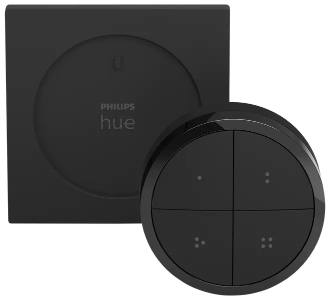 Philips Hue smart switch i sort, rund fjernbetjening med fire knapper og firkantet vægbeslag. Moderne design til styring af smart belysning.