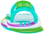 Oppustelig babypool med farverigt dinosaurdesign, grøn solskærm, sikkerhedssæde og sjove mønstre i lilla, grøn og gul. Velegnet til små børn og tumlinger.