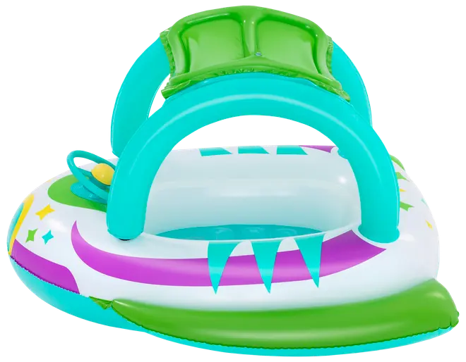 Oppustelig babypool med farverigt dinosaurdesign, grøn solskærm, sikkerhedssæde og sjove mønstre i lilla, grøn og gul. Velegnet til små børn og tumlinger.