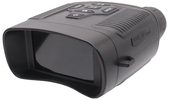 Sorte digitale natkikkerter med gummigreb, stor linse, knapper på toppen og slots til USB og TF-kort på siden. Kompakt og ergonomisk design til håndholdt brug.