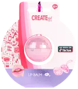 Rundt rosa läppbalsam i genomskinligt plastfodral, förpackat på färgglad kort med dekorationer. Passar barn från 6 år. Marknadsförs som sett på TikTok.