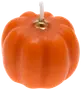 Pumpaformad orange ljus med guldfärgad stjälk och vit veke. Slät yta, rundade kanter, perfekt för höst- eller Halloween-dekoration.