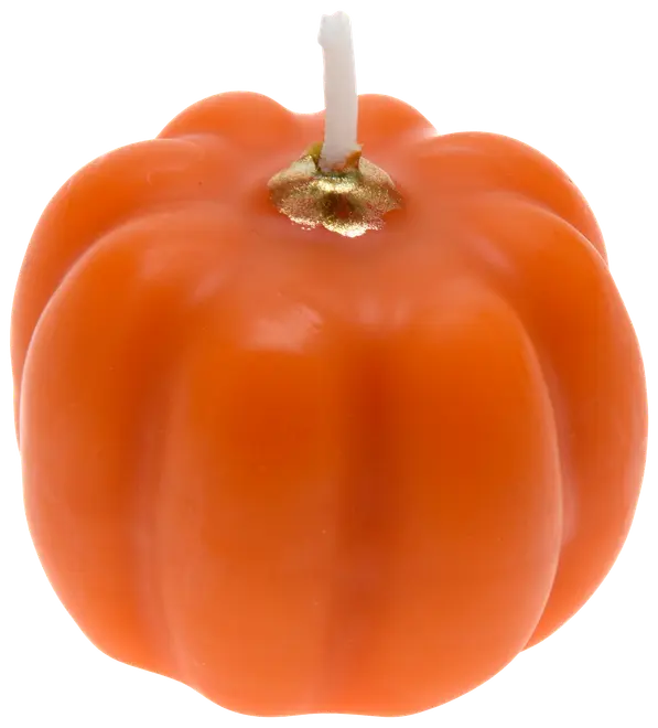 Pumpaformad orange ljus med guldfärgad stjälk och vit veke. Slät yta, rundade kanter, perfekt för höst- eller Halloween-dekoration.