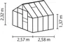 Linjeteckning av ett växthus med mått: 2,57 m x 2,58 m bas, 2,32 m höjd vid nock, 1,37 m sidoväggshöjd, visar dörr och panelsektioner.