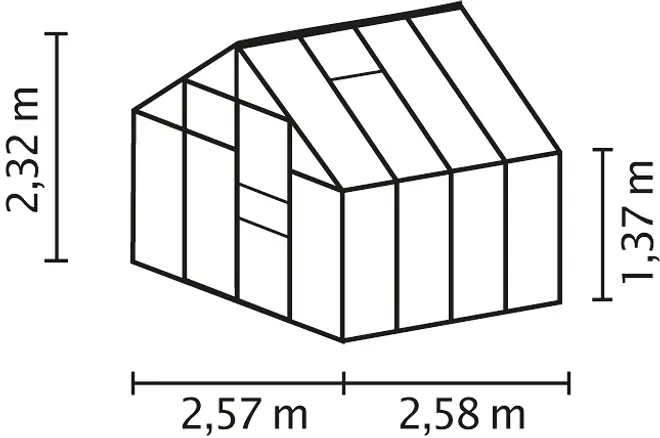 Linjeteckning av ett växthus med mått: 2,57 m x 2,58 m bas, 2,32 m höjd vid nock, 1,37 m sidoväggshöjd, visar dörr och panelsektioner.