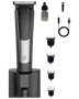 Sladdlös elektrisk trimmer med laddningsställ, tre distanskammar, rengöringsborste, oljeflaska och USB-laddkabel. Snygg svart och silver design med texturerat grepp.