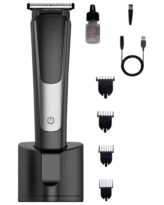 Sladdlös elektrisk trimmer med laddningsställ, tre distanskammar, rengöringsborste, oljeflaska och USB-laddkabel. Snygg svart och silver design med texturerat grepp.