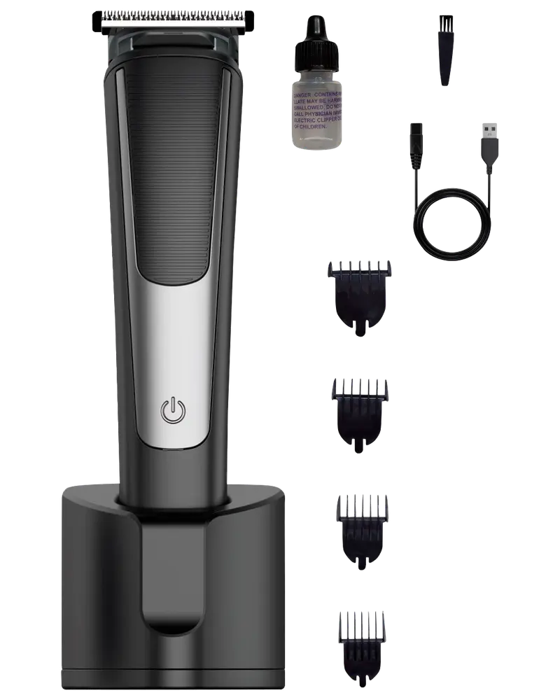 Sladdlös elektrisk trimmer med laddningsställ, tre distanskammar, rengöringsborste, oljeflaska och USB-laddkabel. Snygg svart och silver design med texturerat grepp.