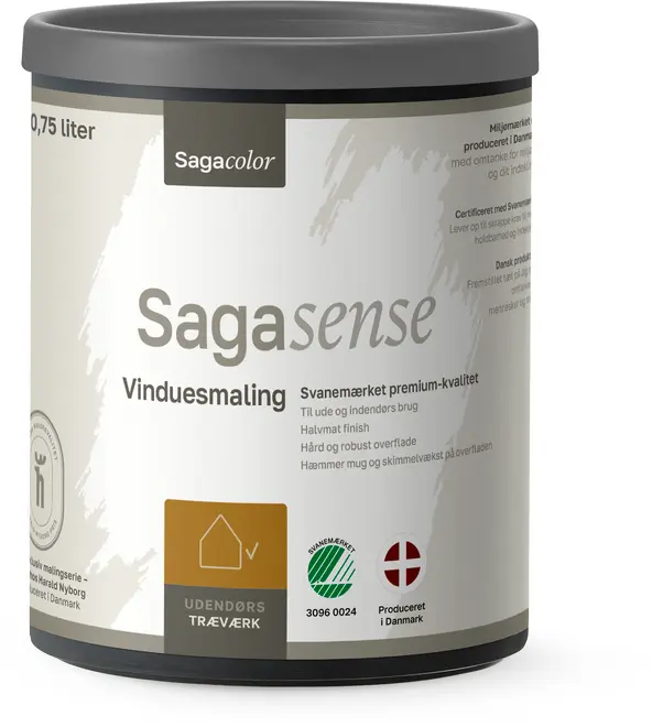 Sagacolor Sagasense vinduesmaling, 0,75 liter dåse, til udendørs træværk. Halvmat finish, robust overflade, svanemærket, produceret i Danmark. Til udendørs og indendørs brug.