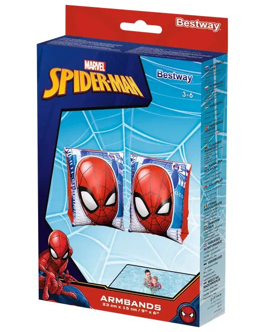 Uppblåsbara armpuffar för barn med Spider-Man-motiv, passar åldrar 3-6 år. Röd och blå design, mått 23 x 15 cm. Perfekt för simning och vattenlek.