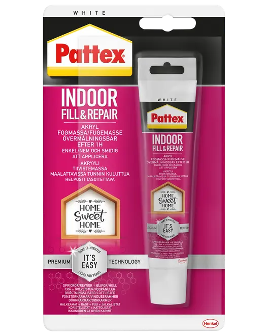 Pattex Indoor Fill & Repair, hvid akrylfugemasse i tube, til indendørs reparation af revner og huller. Kan overmales efter én time. Nem at påføre.