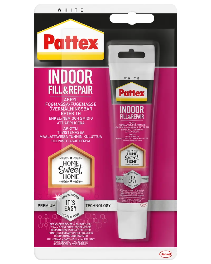 Pattex Indoor Fill & Repair, hvid akrylfugemasse i tube, til indendørs reparation af revner og huller. Kan overmales efter én time. Nem at påføre.
