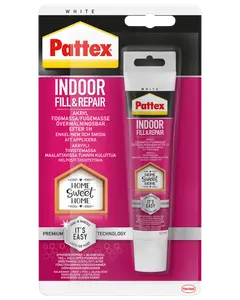 Pattex Indoor Fill & Repair, hvid akrylfugemasse i tube, til indendørs reparation af revner og huller. Kan overmales efter én time. Nem at påføre.