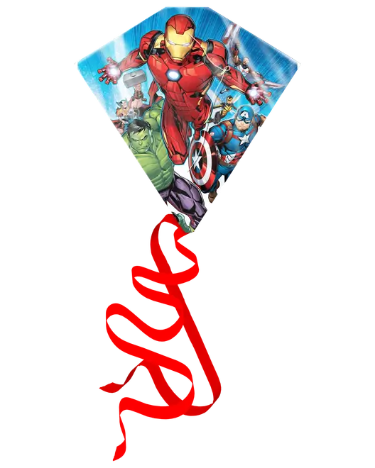 Diamantformad drake med Marvel Avengers-karaktärer, inklusive Iron Man, Hulk, Captain America och Thor, samt ett ljust rött svansband. Tillverkad av lätt material för utomhuslek.