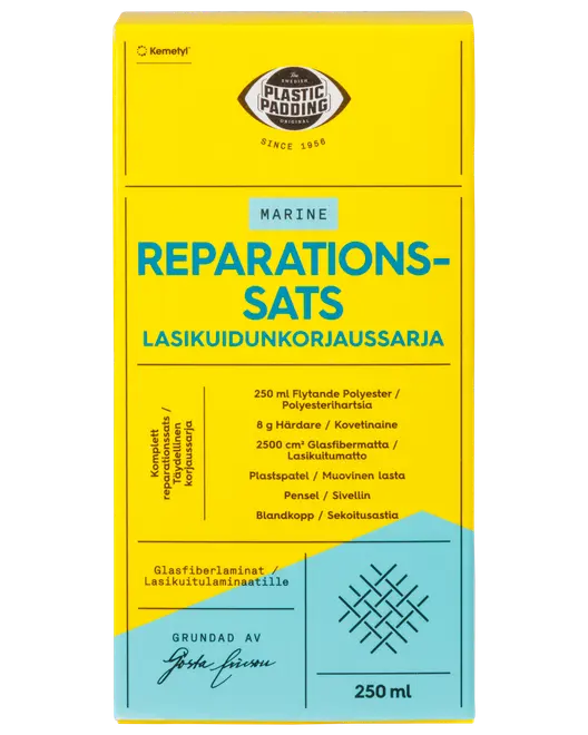 Plastic Padding Marine reparationssæt til glasfiber, indeholder 250ml polyesterharpiks, hærder, glasfibermåtte, plastspartel, pensel og blandekop. Velegnet til marine- og glasfiberreparationer.