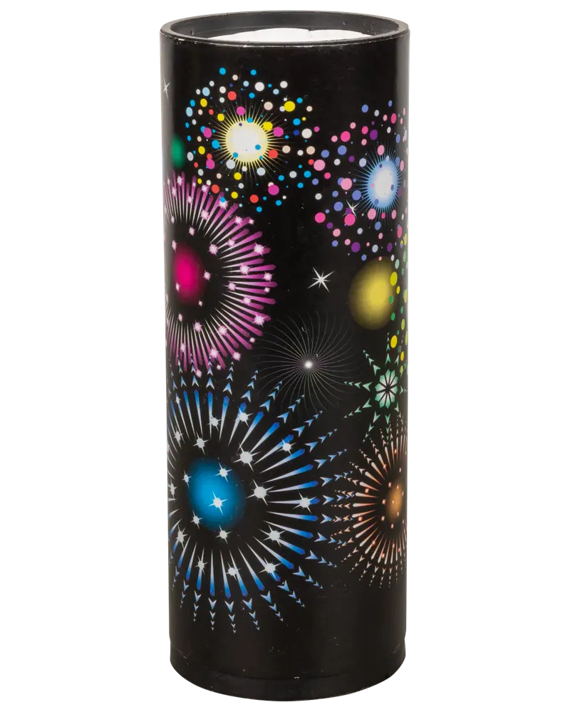 Cylindrisk fyrværkeri med sort indpakning og farverige fyrværkerimotiver. Egnet til udendørs fest, giver visuelle effekter ved antændelse. Engangsbrug, standard størrelse.