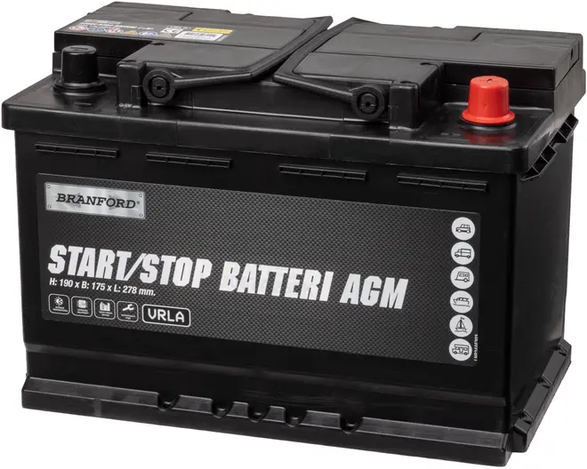 Sort Branford Start/Stop AGM-bilbatteri med røde og sorte poler, bærehåndtag og mærket frontpanel til køretøjer.