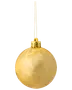 Rundt guldfarvet juleornament med blank, tekstureret overflade og guldfarvet top. Leveres med en tynd guldsnor til ophængning, ideel til juletræet.