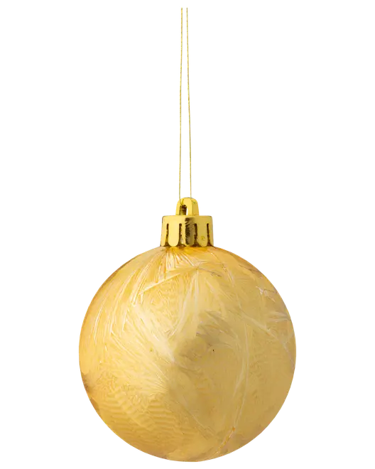 Rundt guldfarvet juleornament med blank, tekstureret overflade og guldfarvet top. Leveres med en tynd guldsnor til ophængning, ideel til juletræet.