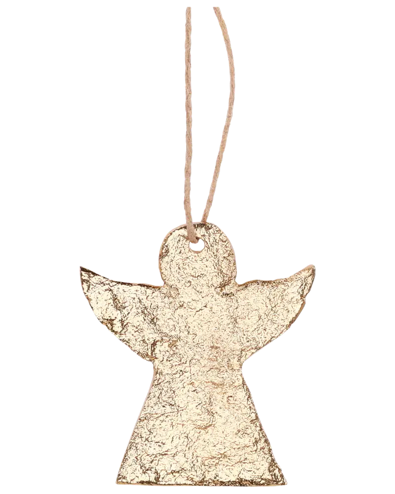 Guldfärgad ängelprydnad med texturerad yta och upphängningssnöre, perfekt för julgransdekoration eller festlig inredning. Lätt och med metallisk finish.