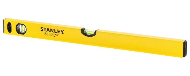 Gul Stanley vaterpas med tre libeller, sorte endkapper og trykt måleskala.