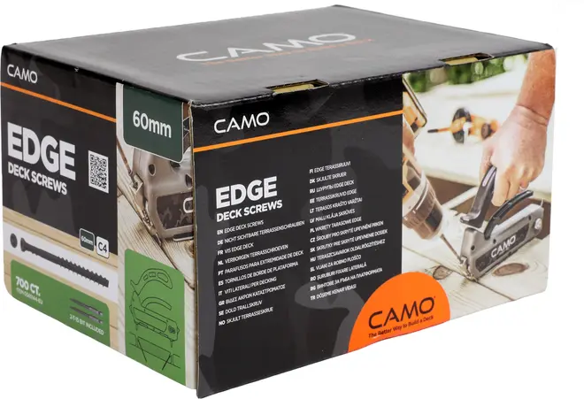 Sort og grøn CAMO Edge terrasseskruer æske, 60 mm, 700 stk., med branding og installationsfoto.