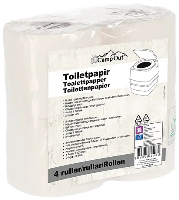 Pakke med fire CampOut toiletpapirruller, velegnet til camping. Hvid, to-lags, kompakt emballage. Designet til transportable toiletter, nem at opbevare og transportere, blød og absorberende.